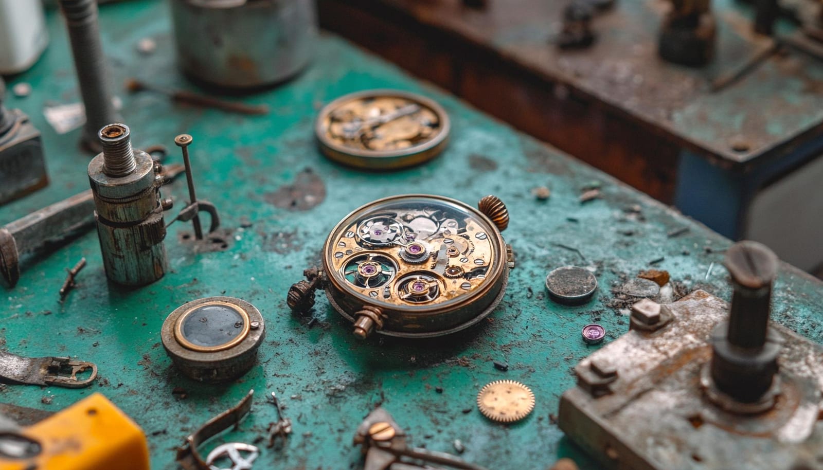 Dettaglio ravvicinato di un movimento in fase di pulizia su un banco verde da orologiaio, tra utensili di precisione